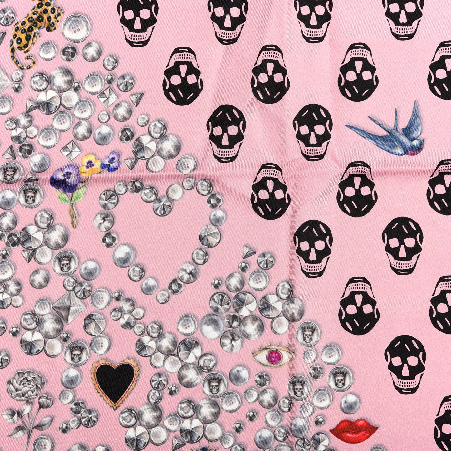 Silk Chiffon Jeweled Button Biker Skull Scarf Pink