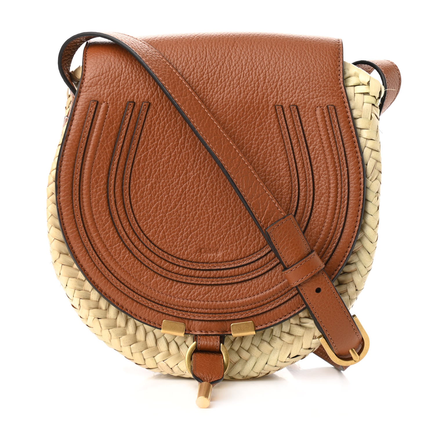 Chloe Raffia Small Grain Calfskin Small Marcie Basket Crossbody Tan 1 of 9