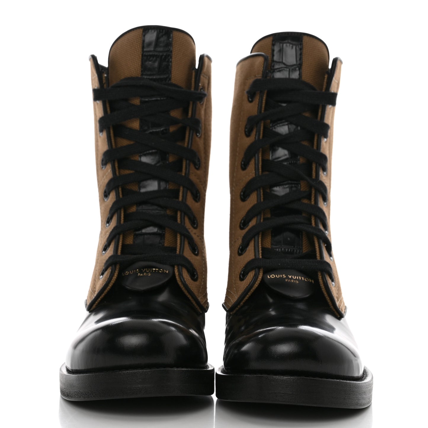 Canvas Calfskin Crocodile Embossed Metropolis Flat Ranger Boots 37 Kaki