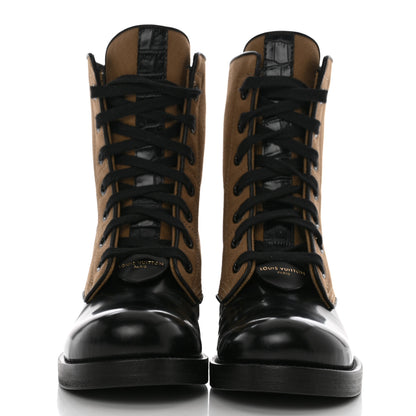 Louis Vuitton Canvas Calfskin Crocodile Embossed Metropolis Flat Ranger Boots 37 Kaki 2 of 9