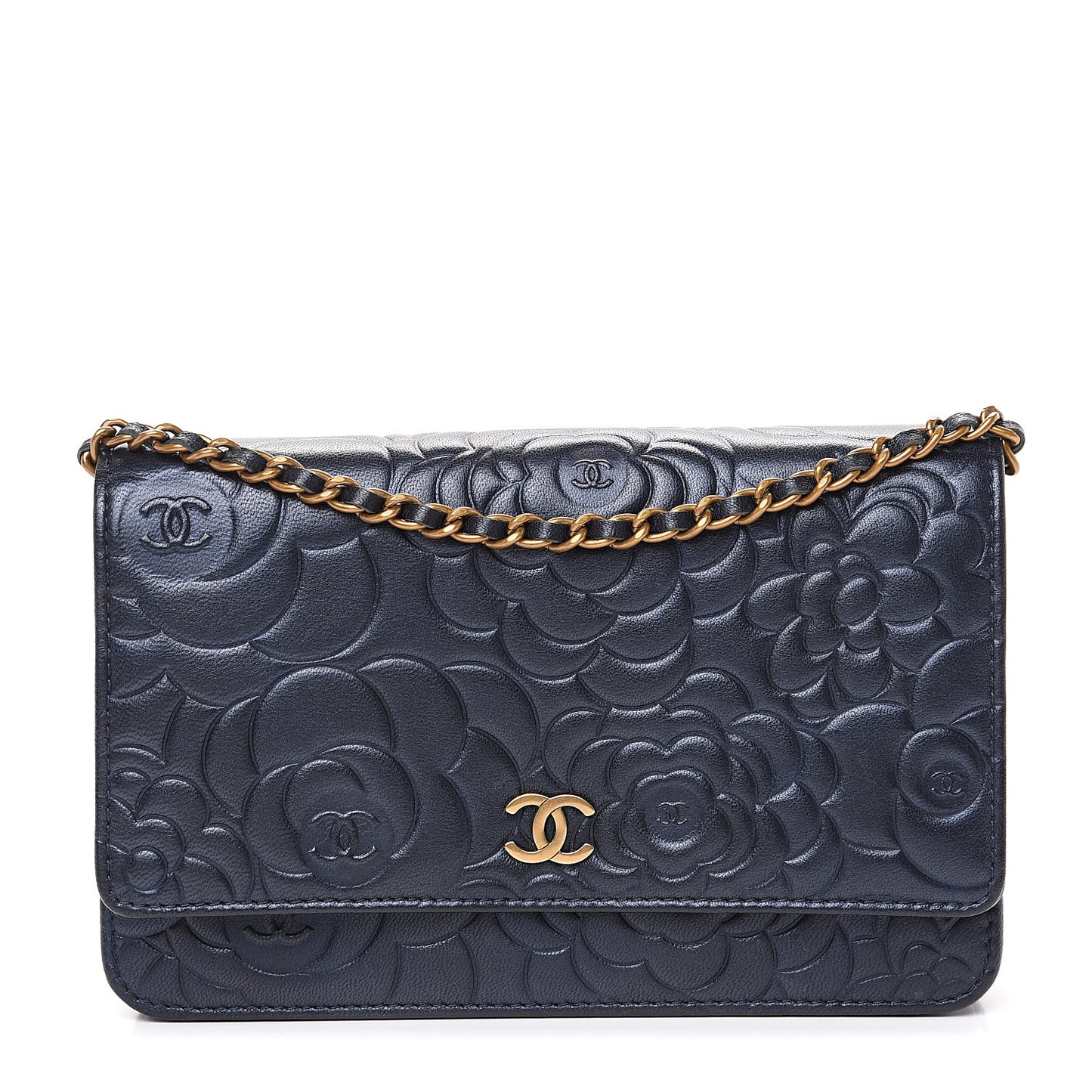 Goatskin Camellia Embossed Wallet On Chain WOC Navy