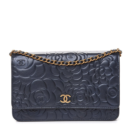 Chanel Goatskin Camellia Embossed Wallet On Chain WOC Navy 1 of 11