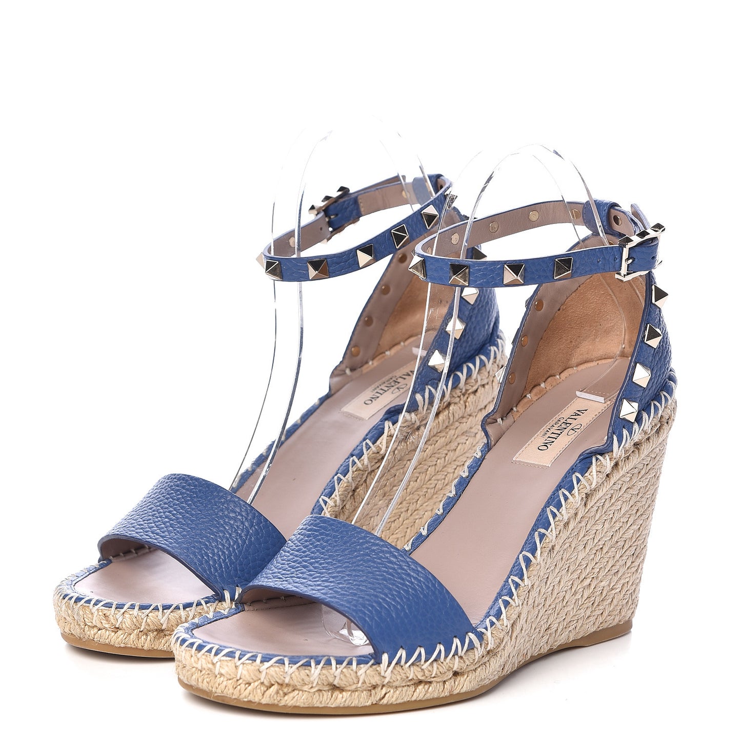 Grained Calfskin Rockstud Ankle Strap Espadrille 15/105mm Wedge Sandals 38 Baltique Natural