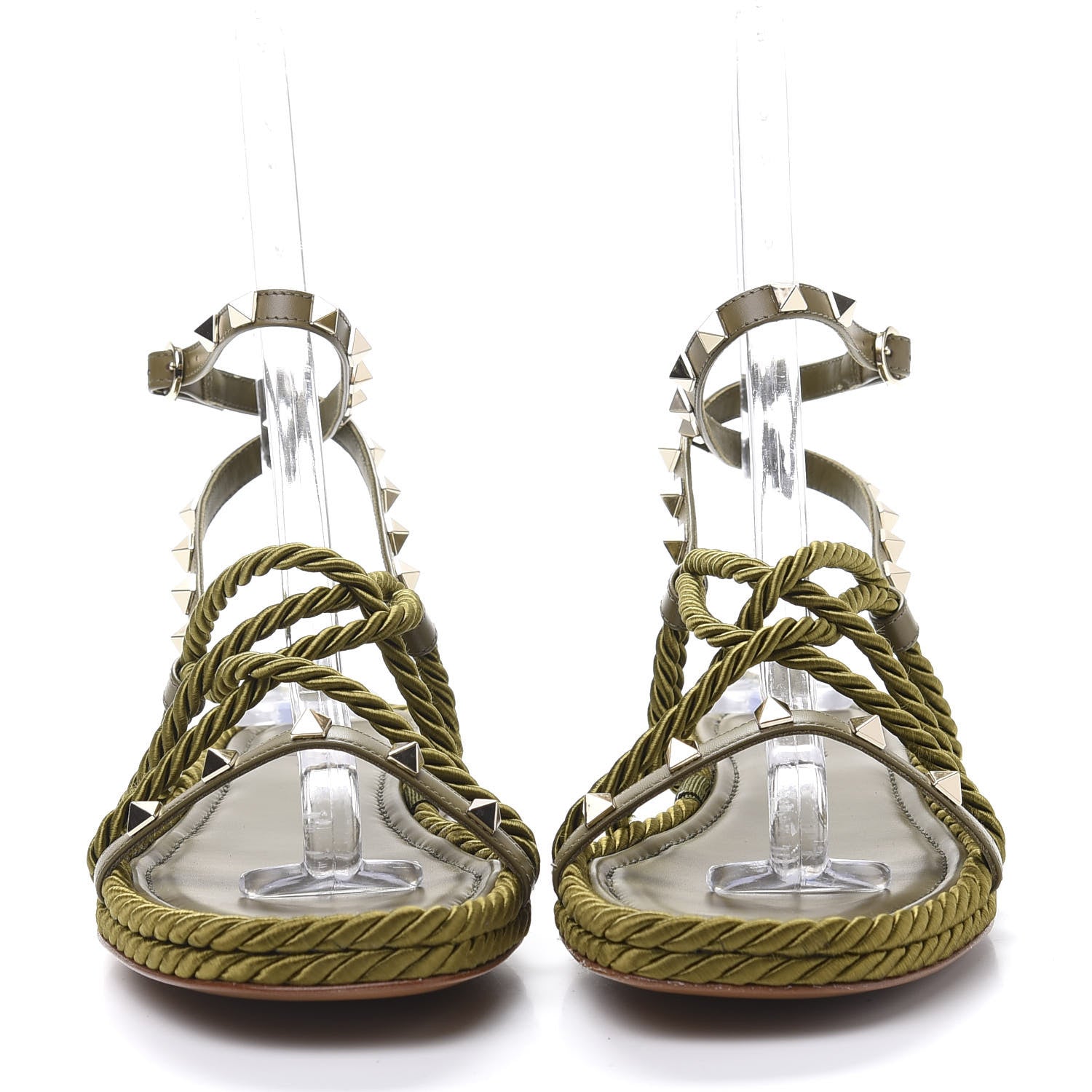 Valentino Garavani Calfskin Silk Rockstud Ankle Wrap Torchon Espadrille Flat Sandals 40 Lichen 2 of 9