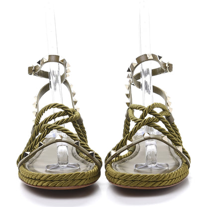 Valentino Garavani Calfskin Silk Rockstud Ankle Wrap Torchon Espadrille Flat Sandals 40 Lichen 2 of 9