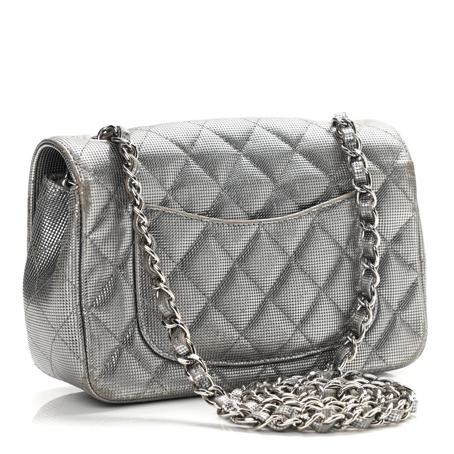 Metallic Calfskin Quilted Pixel Effect Mini Rectangular Flap Dark Silver