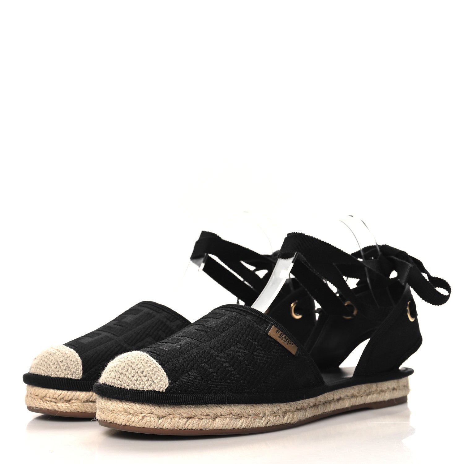 Fendi Canvas FF Embroidered Roma Ankle Wrap Flat Espadrilles 40 Black 4 of 9