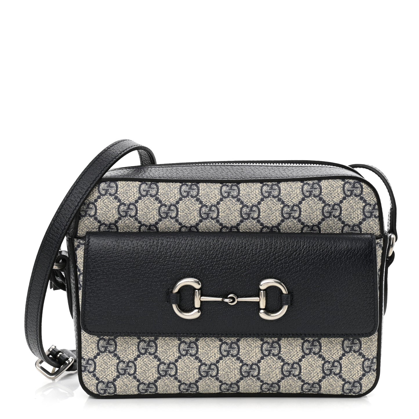 GG Supreme Monogram Textured Dollar Calfskin Small Horsebit 1955 Shoulder Bag Beige Blue