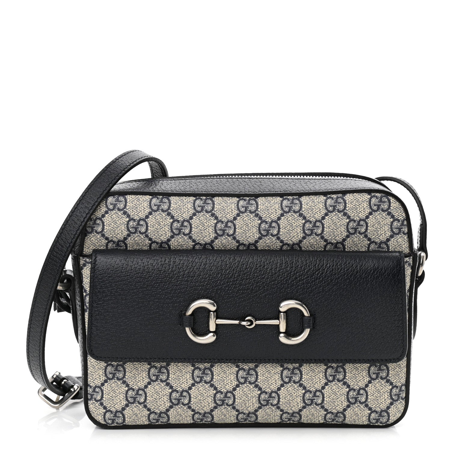 Gucci GG Supreme Monogram Textured Dollar Calfskin Small Horsebit 1955 Shoulder Bag Beige Blue 1 of 10