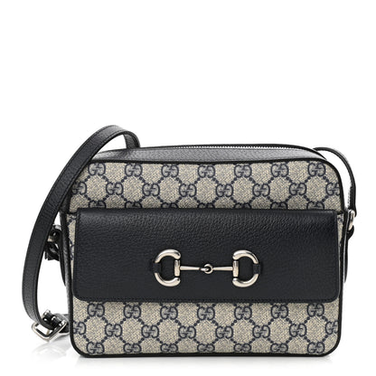 Gucci GG Supreme Monogram Textured Dollar Calfskin Small Horsebit 1955 Shoulder Bag Beige Blue 1 of 10