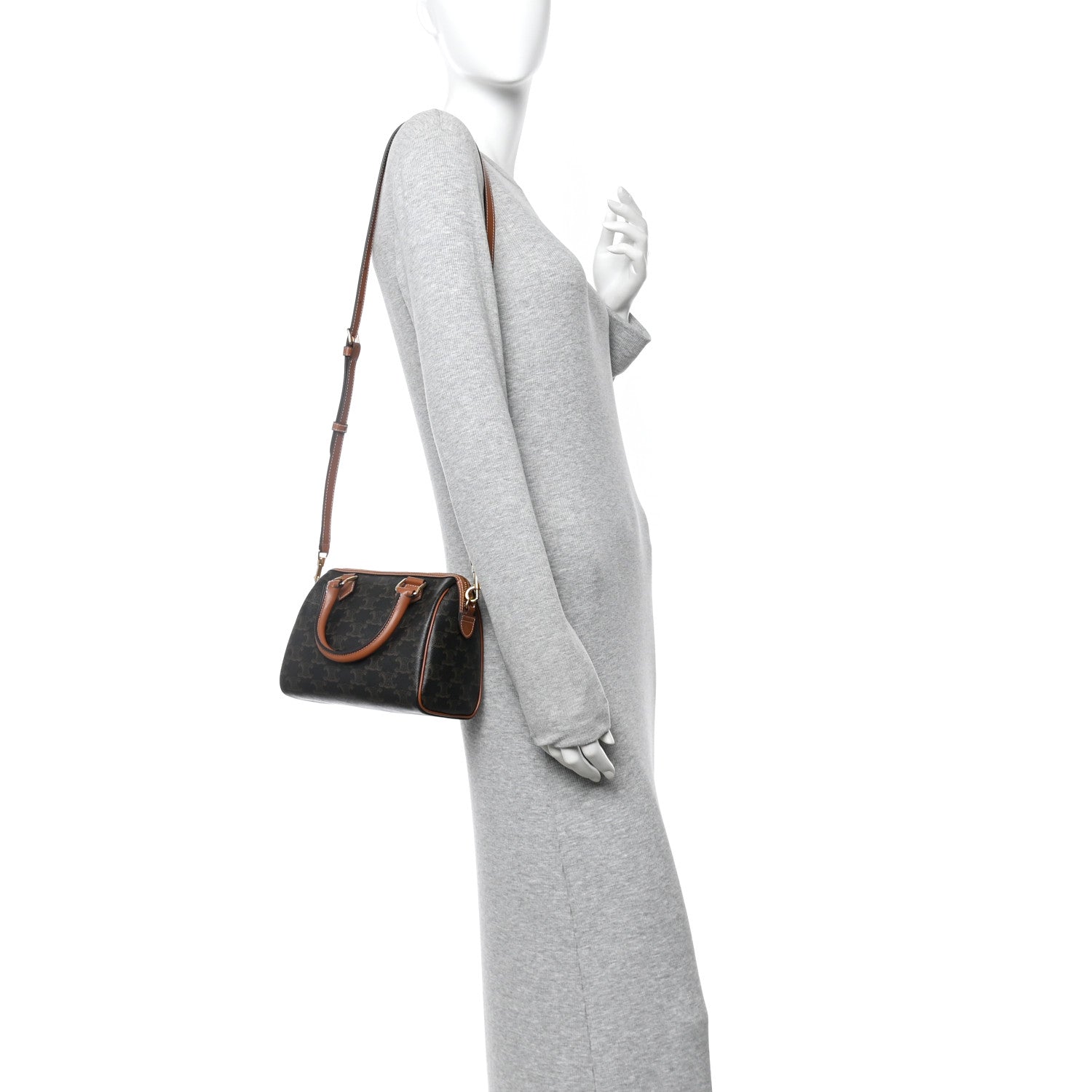 Celine Triomphe Canvas Calfskin Small Boston Bag Tan 2 of 11