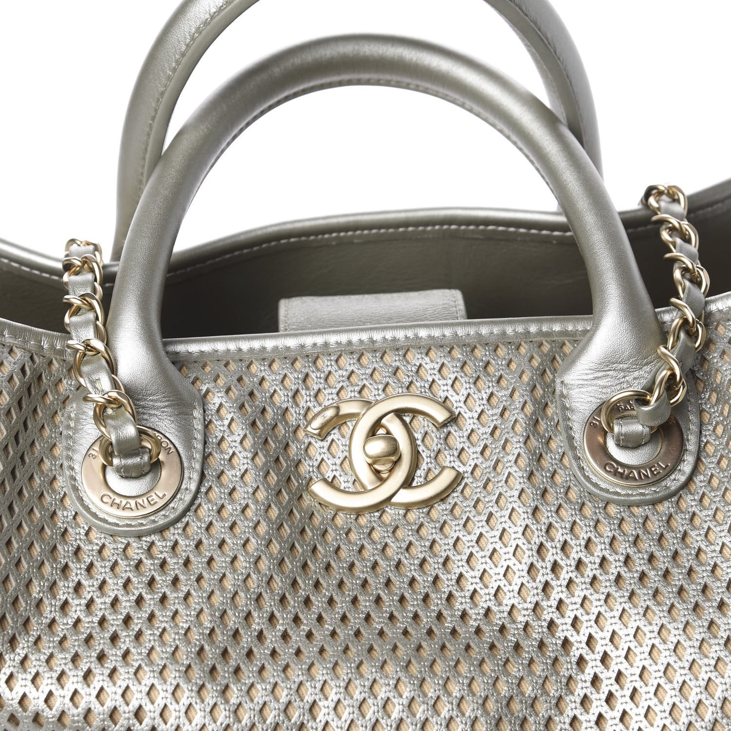 Metallic Calfskin Perforated Up In The Air Tote Silver