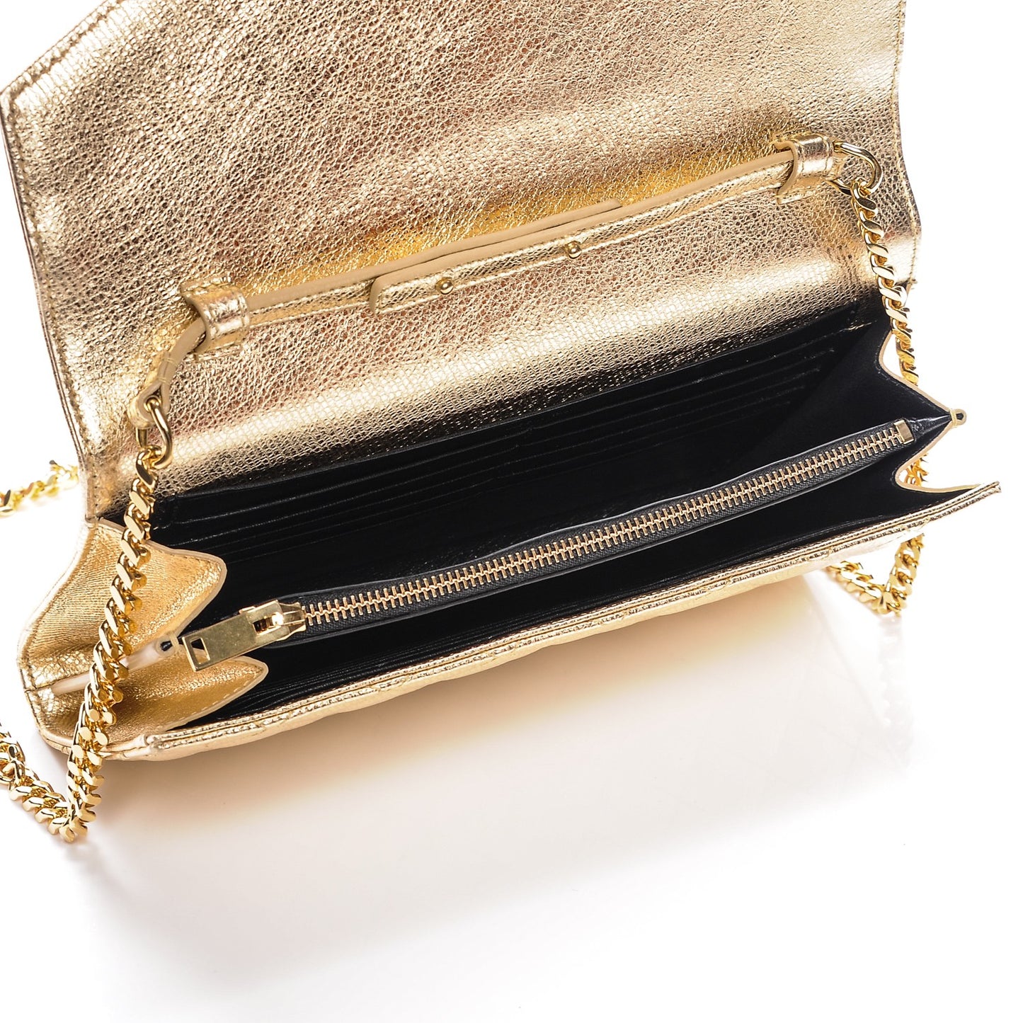 Metallic Calfskin Tri-Quilt Monogram Envelope Chain Wallet Oro