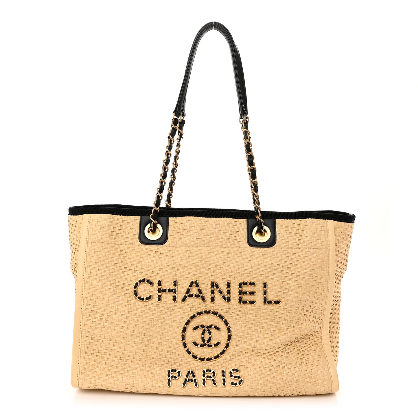 Straw Raffia Calfskin Chain Small Deauville Tote Beige Black