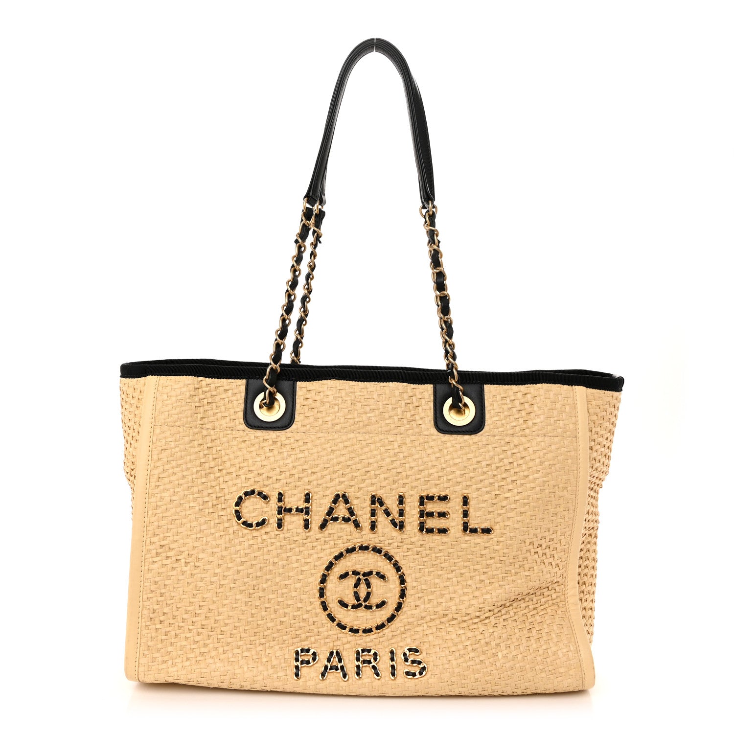 Chanel Straw Raffia Calfskin Chain Small Deauville Tote Beige Black 1 of 13