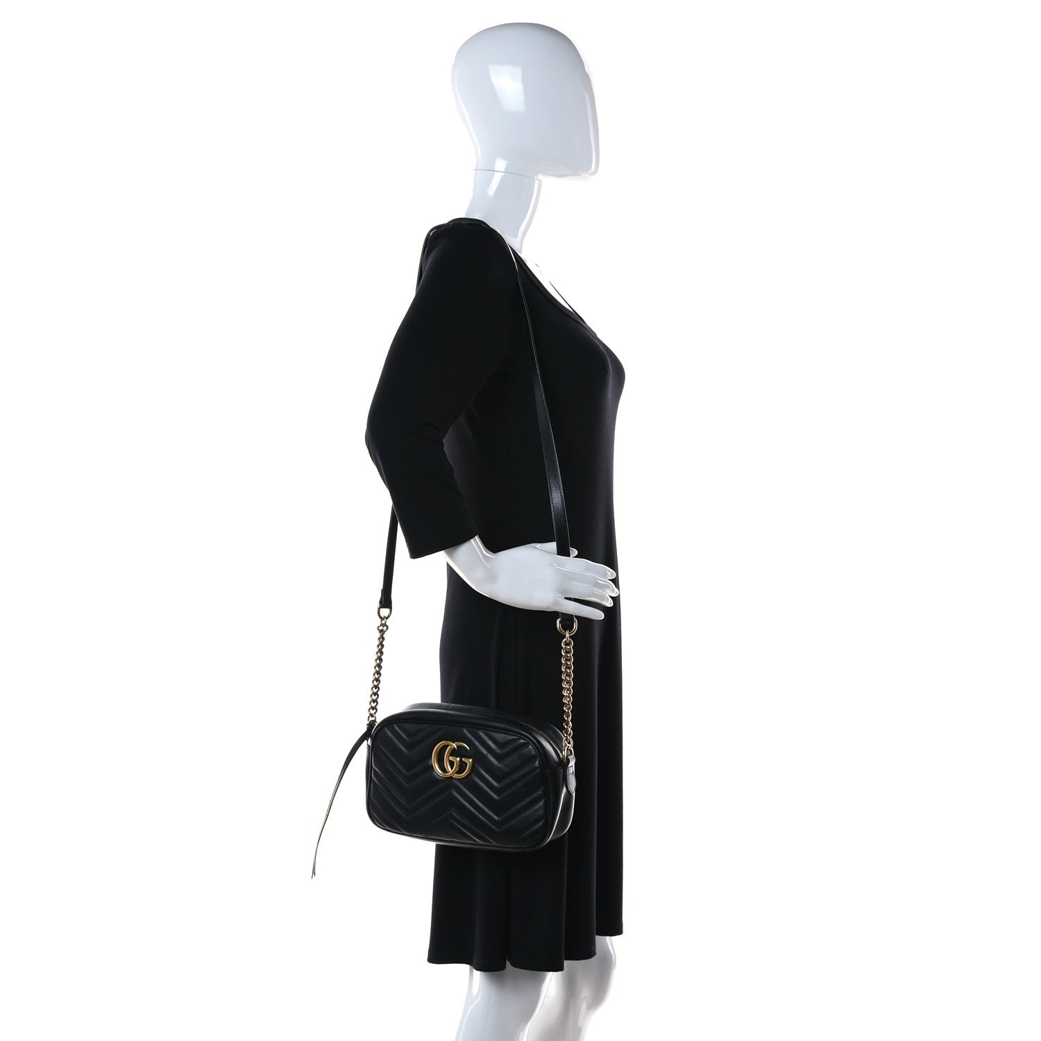 Gucci Calfskin Matelasse Small GG Marmont Chain Shoulder Bag Black 2 of 19