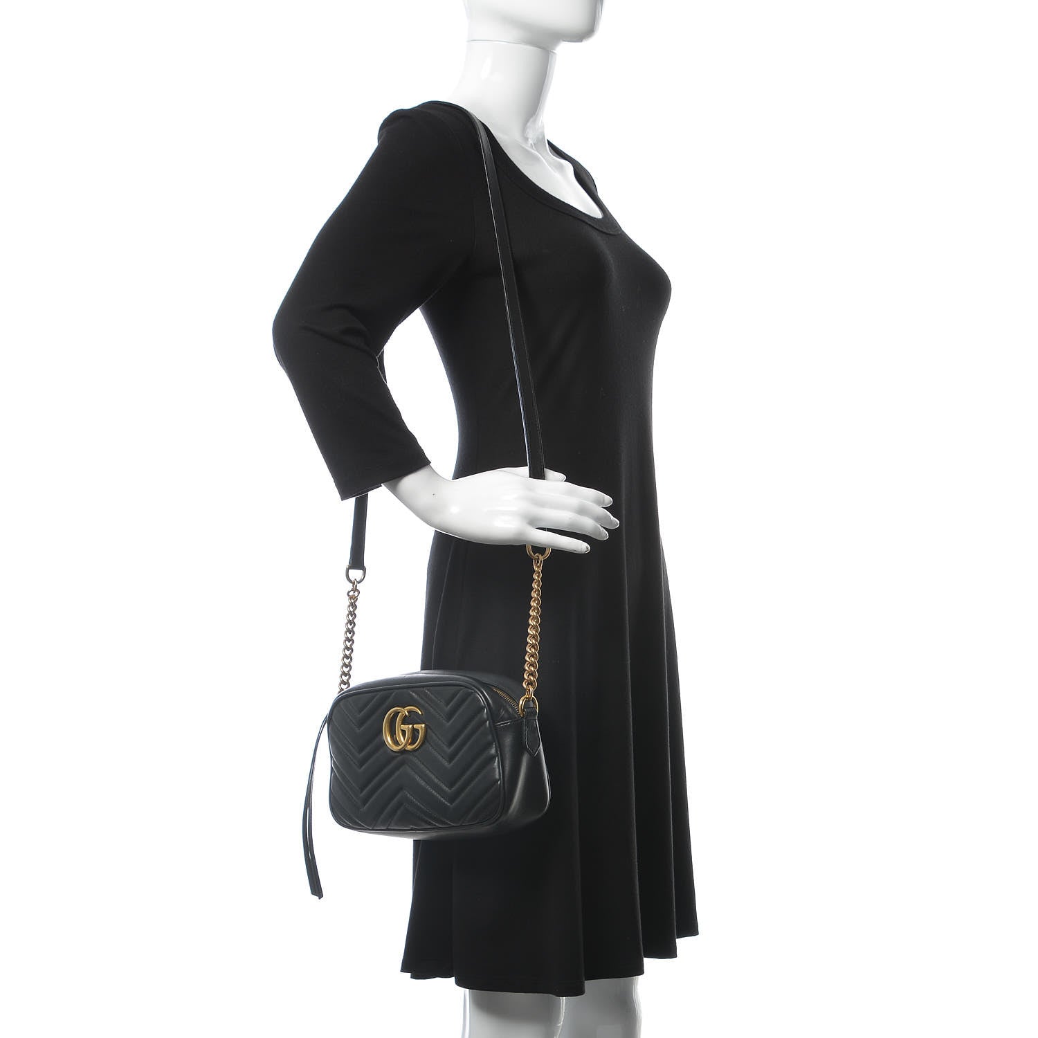 Gucci Calfskin Matelasse Small GG Marmont Chain Shoulder Bag Black 2 of 8