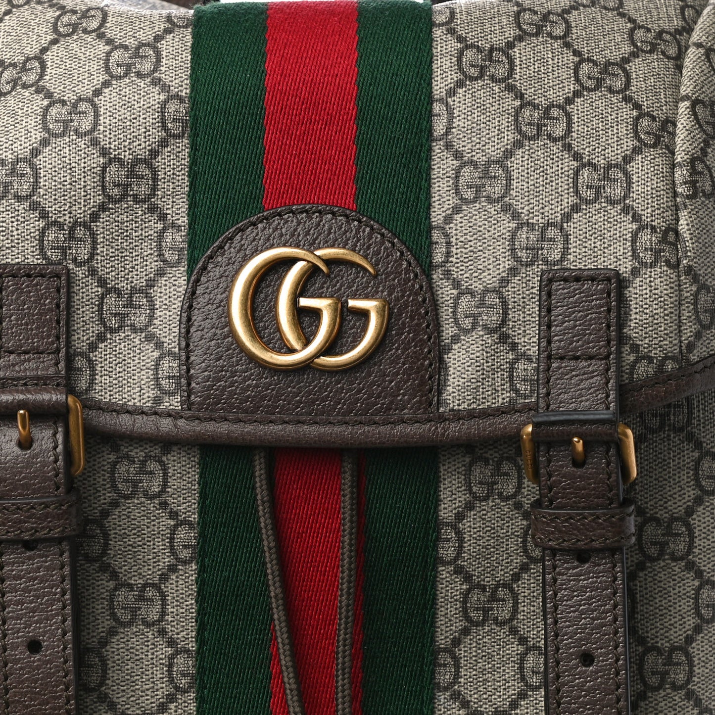 GG Supreme Monogram Medium Ophidia Double Buckle Backpack Brown