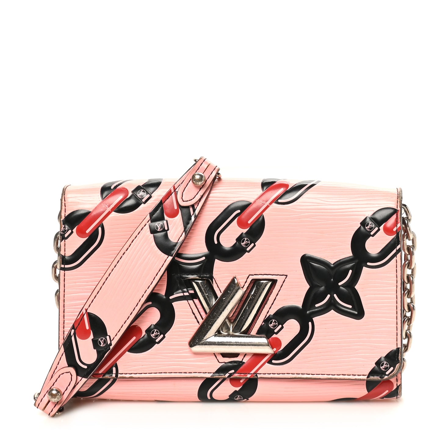 Epi Chain Flower Print Twist Chain Wallet Pink