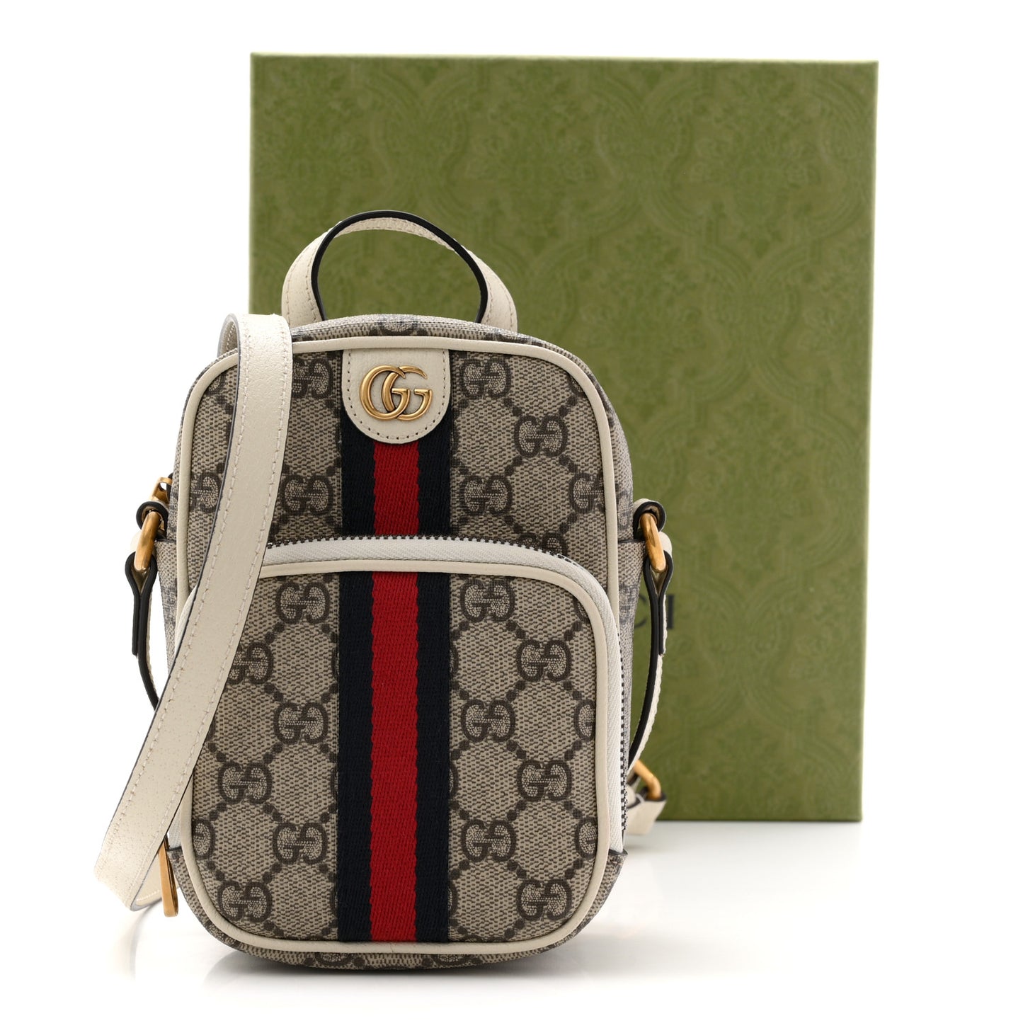GG Supreme Monogram Web Mini Ophidia Double Zip Messenger Bag Beige Ebony Mystic White