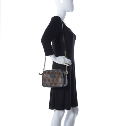 Fendi Glazed Fabric Vitello Century FF 1974 Stamp Patch Camera Case Mogano Panna Black 2 of 11