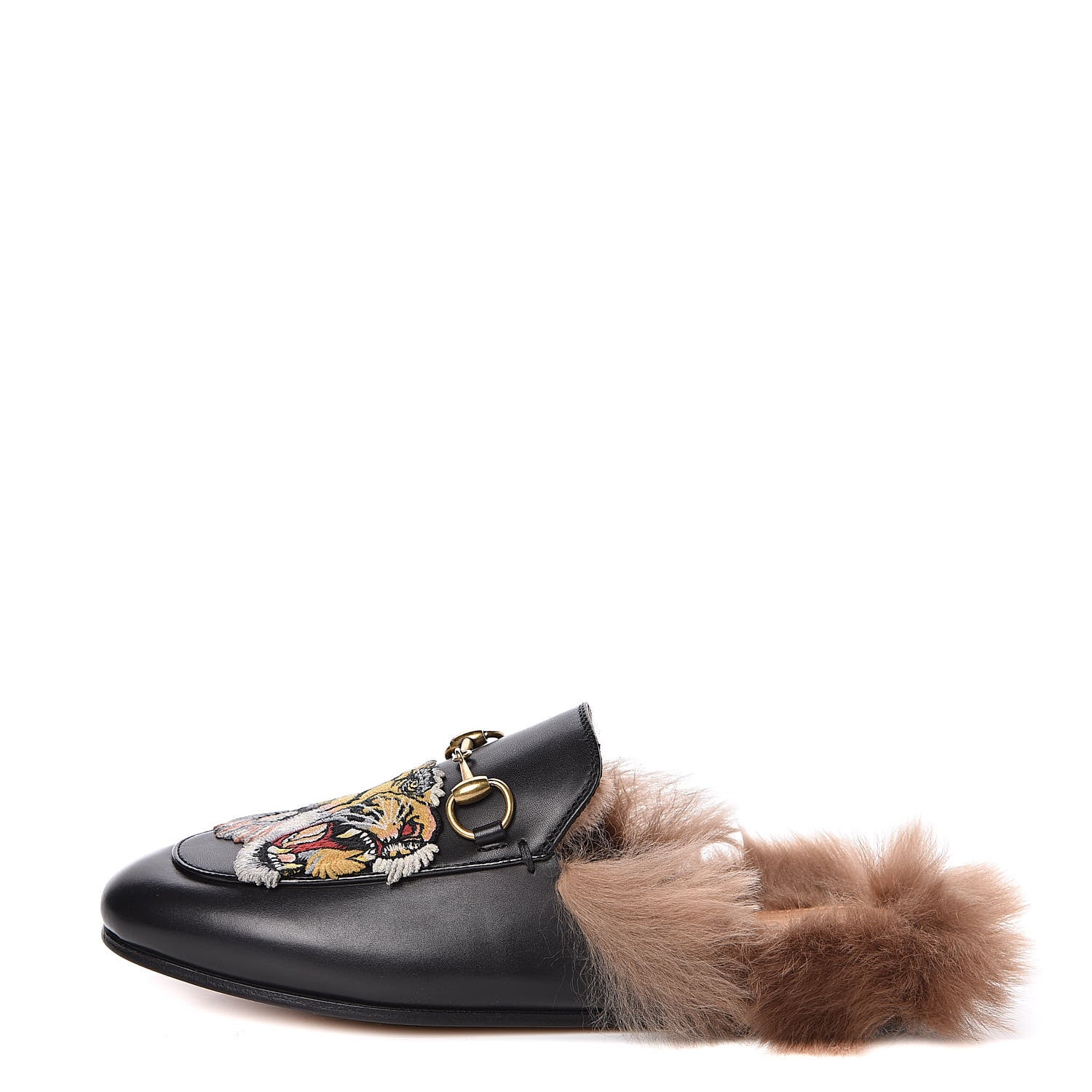 Gucci Calfskin Lambswool Tiger Embroidered Womens Princetown Slippers 35 Black 1 of 8
