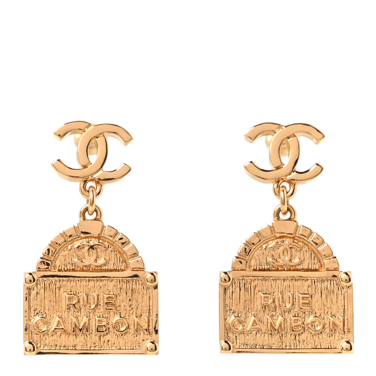 Metal CC Rue Cambon Drop Earrings Gold
