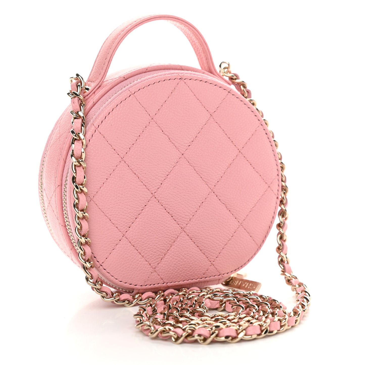Caviar Quilted Round Handle With Care Vanity With Chain Pink