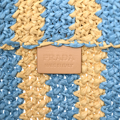 Prada Yarn Raffia Effect Crochet Striped Large Logo Tote Naturale Celeste 6 of 10