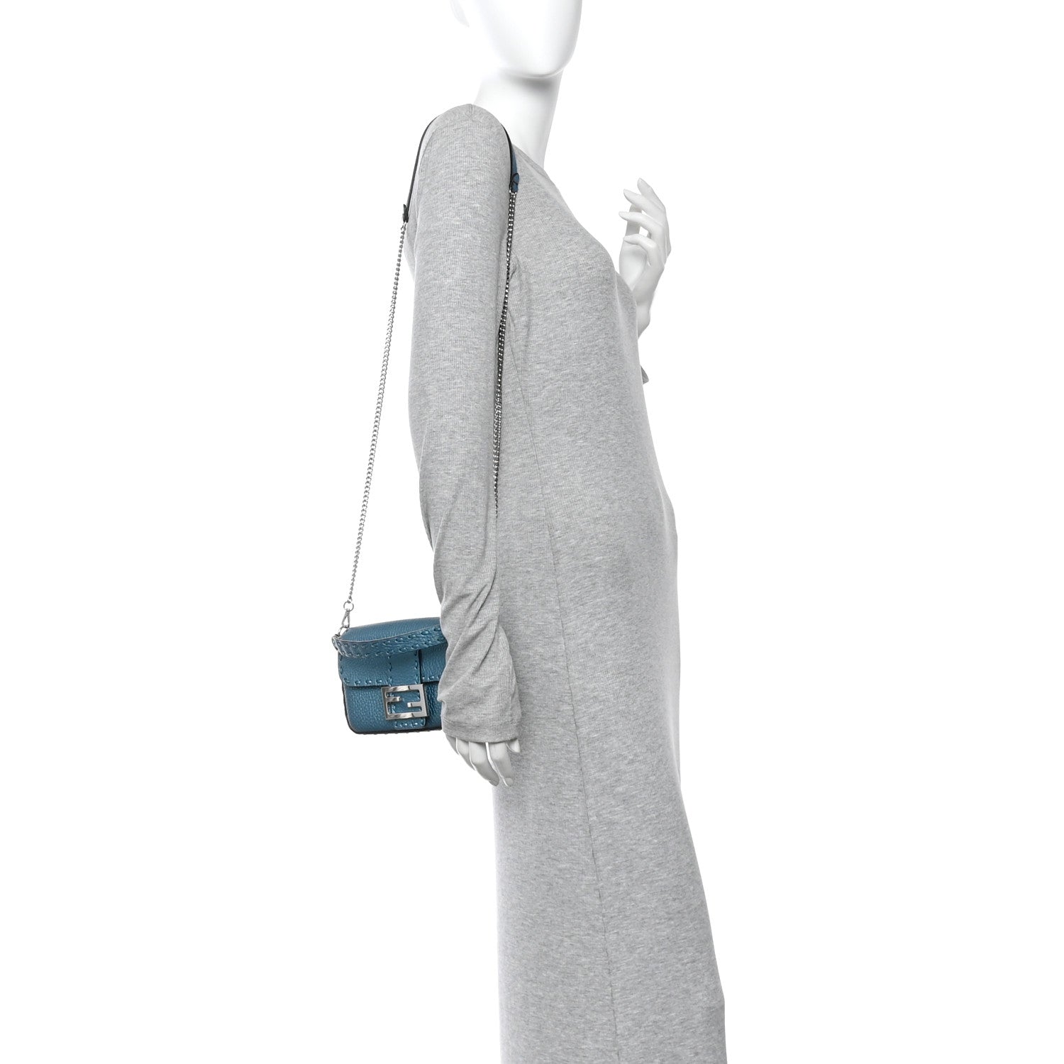 Fendi Metallic Cuoio Roma Sellerissima Nappa Sintetica Tape Stitch Mini Baguette Placca Argento 2 of 10