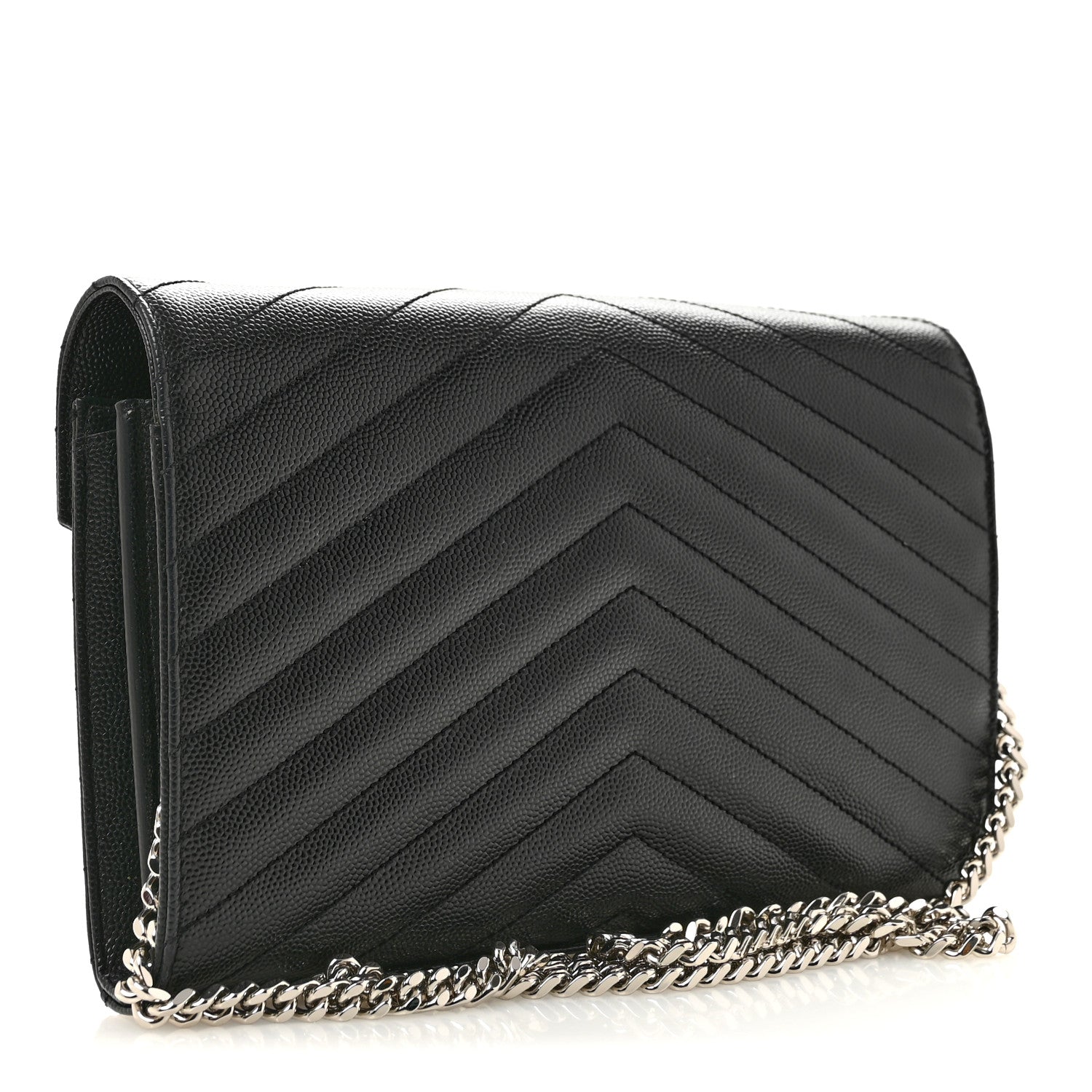 Saint Laurent Grain De Poudre Matelasse Chevron Monogram Chain Wallet Black 3 of 14