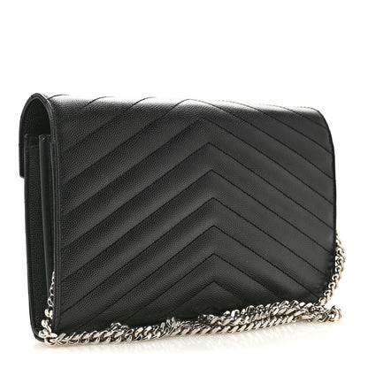 Saint Laurent Grain De Poudre Matelasse Chevron Monogram Chain Wallet Black 3 of 14