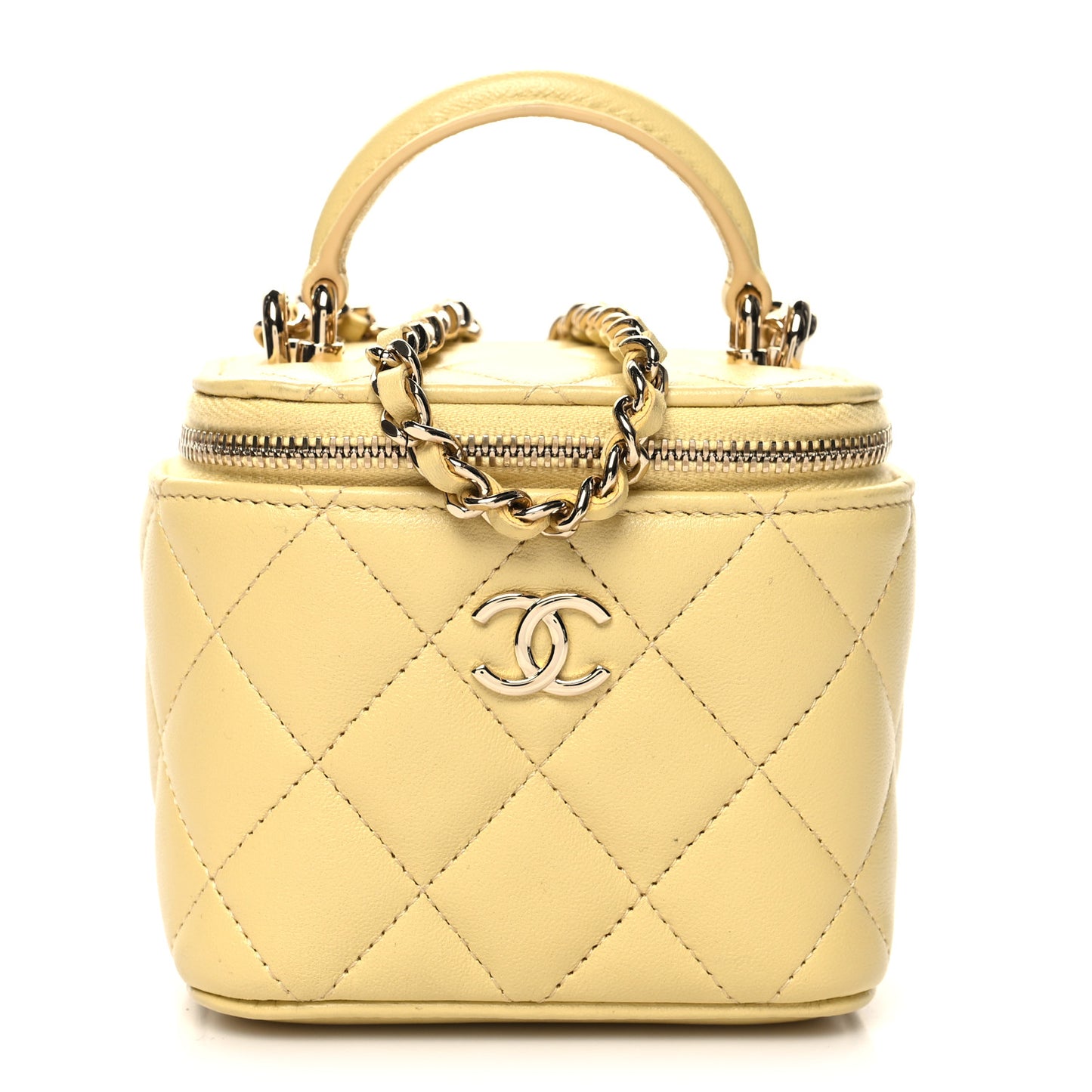 Lambskin Quilted Top Handle Mini Vanity Case With Chain Yellow