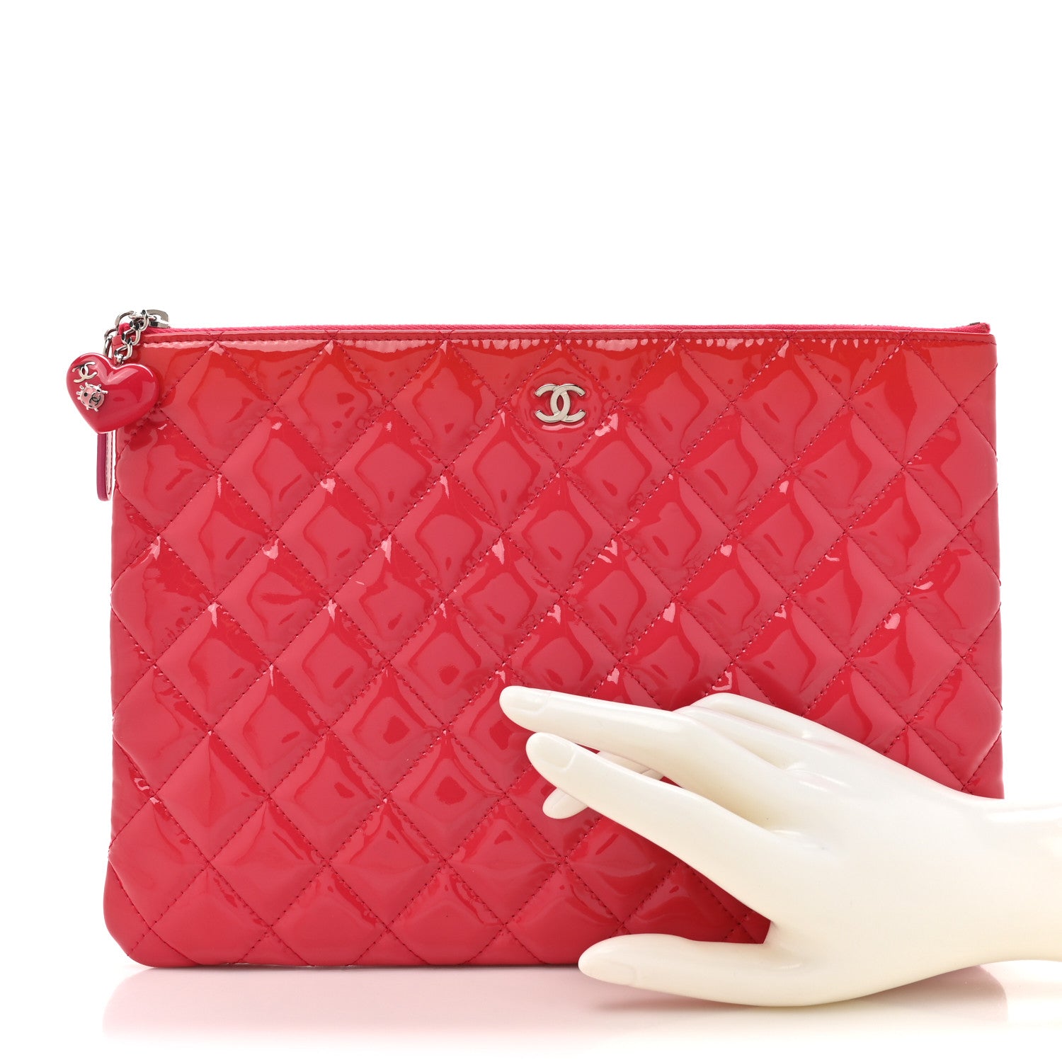 Chanel Patent Calfskin Quilted Valentine Hearts Medium O Cosmetic Case Dark Pink 2 of 8