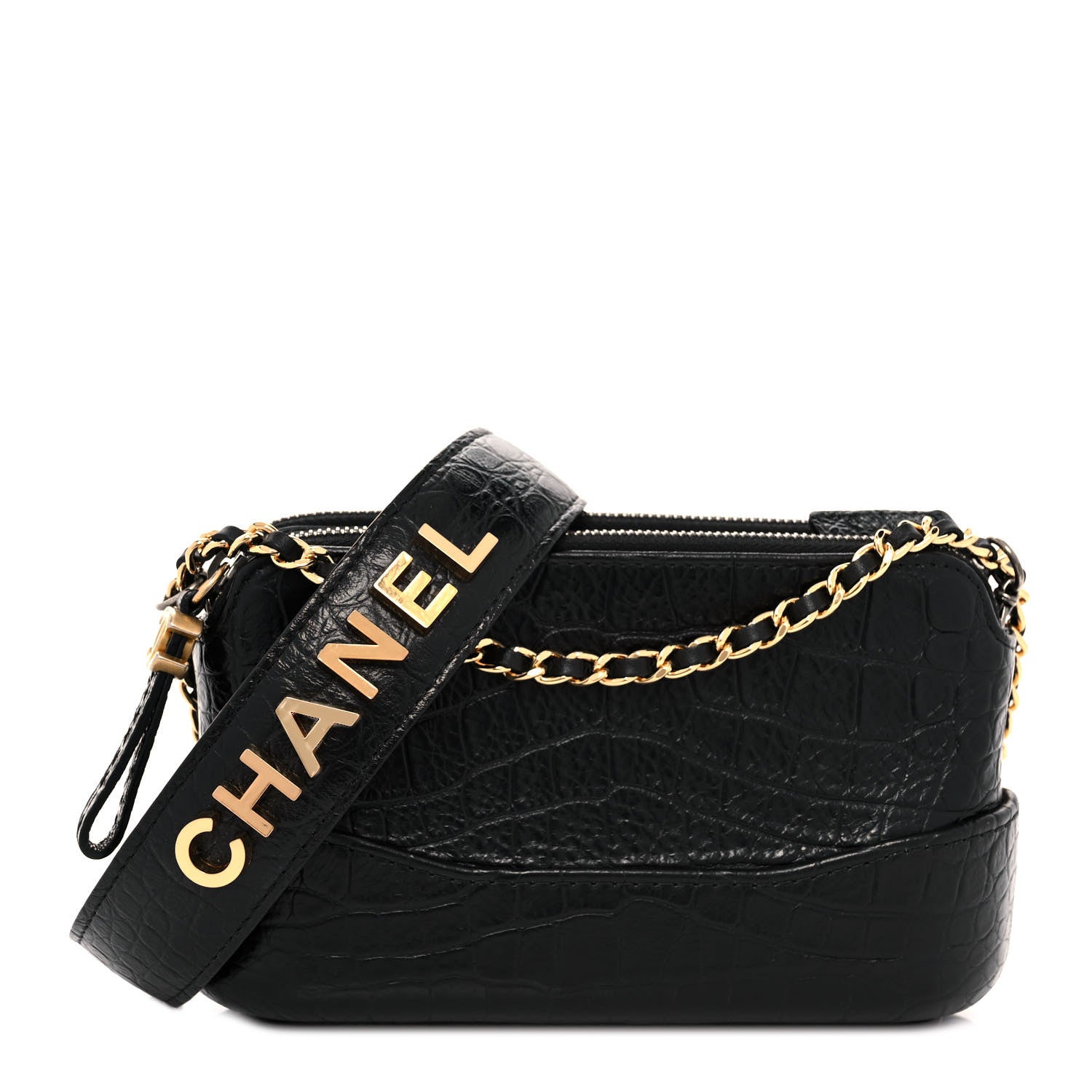 Chanel Calfskin Crocodile Embossed Small Gabrielle Clutch With Chain Black 1 of 11