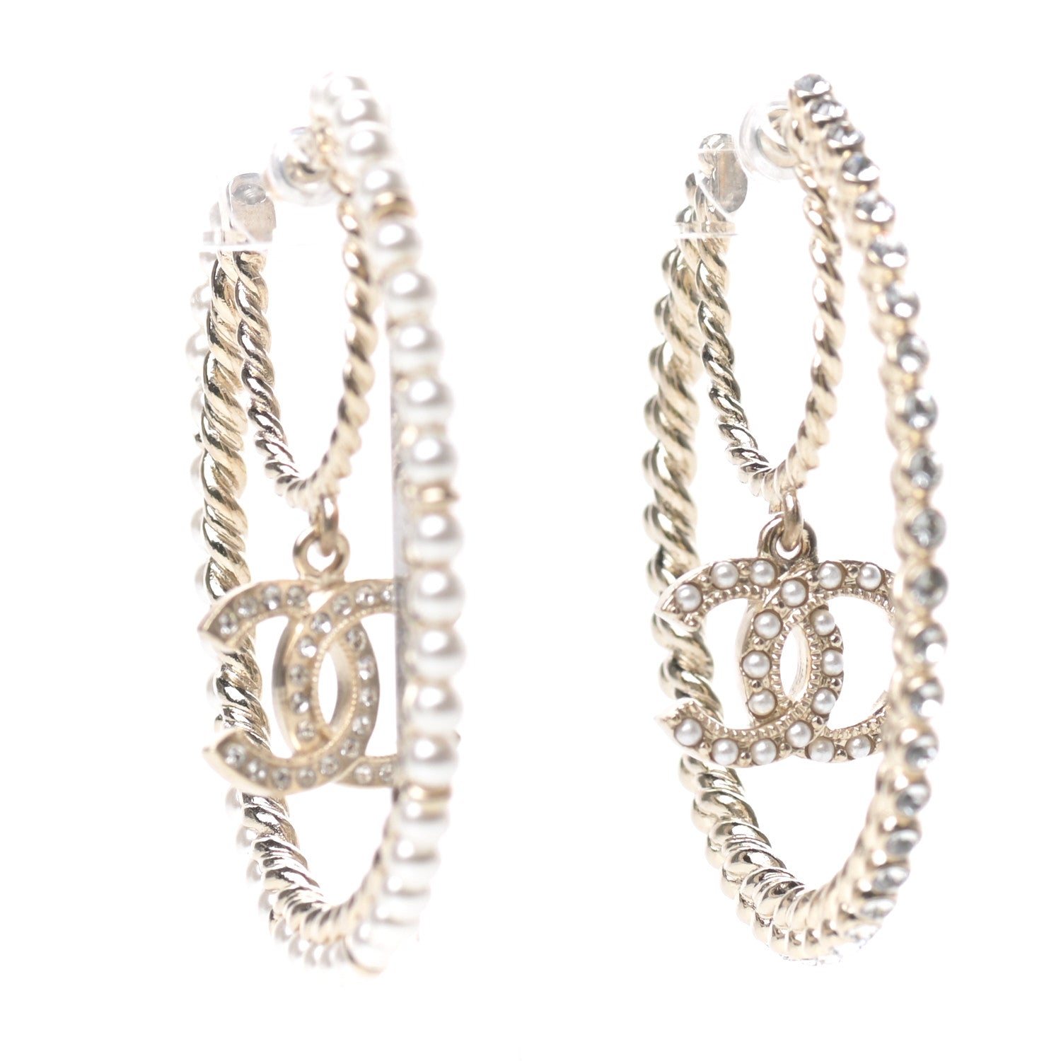 Chanel Crystal Pearl CC Drop Hoop Earrings Gold Pearly White 1 of 4