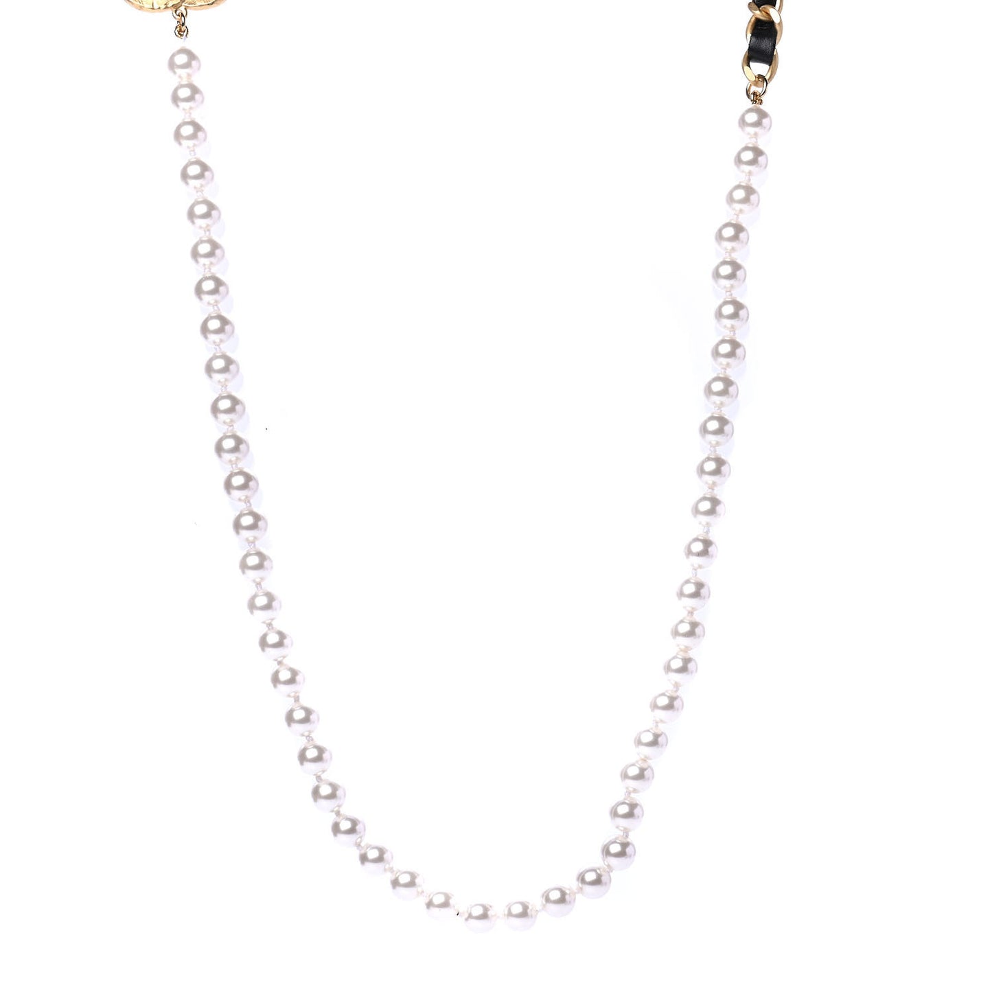 Calfskin Pearl Chain 90's Camellia Long Necklace Black Gold