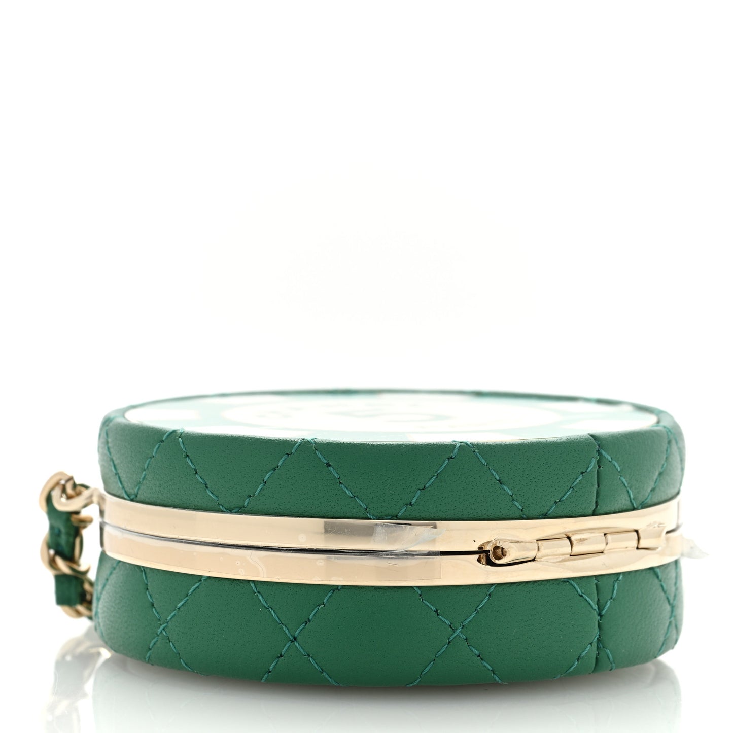 Lambskin Enamel Quilted Round Poker Chip Clutch With Chain Green White