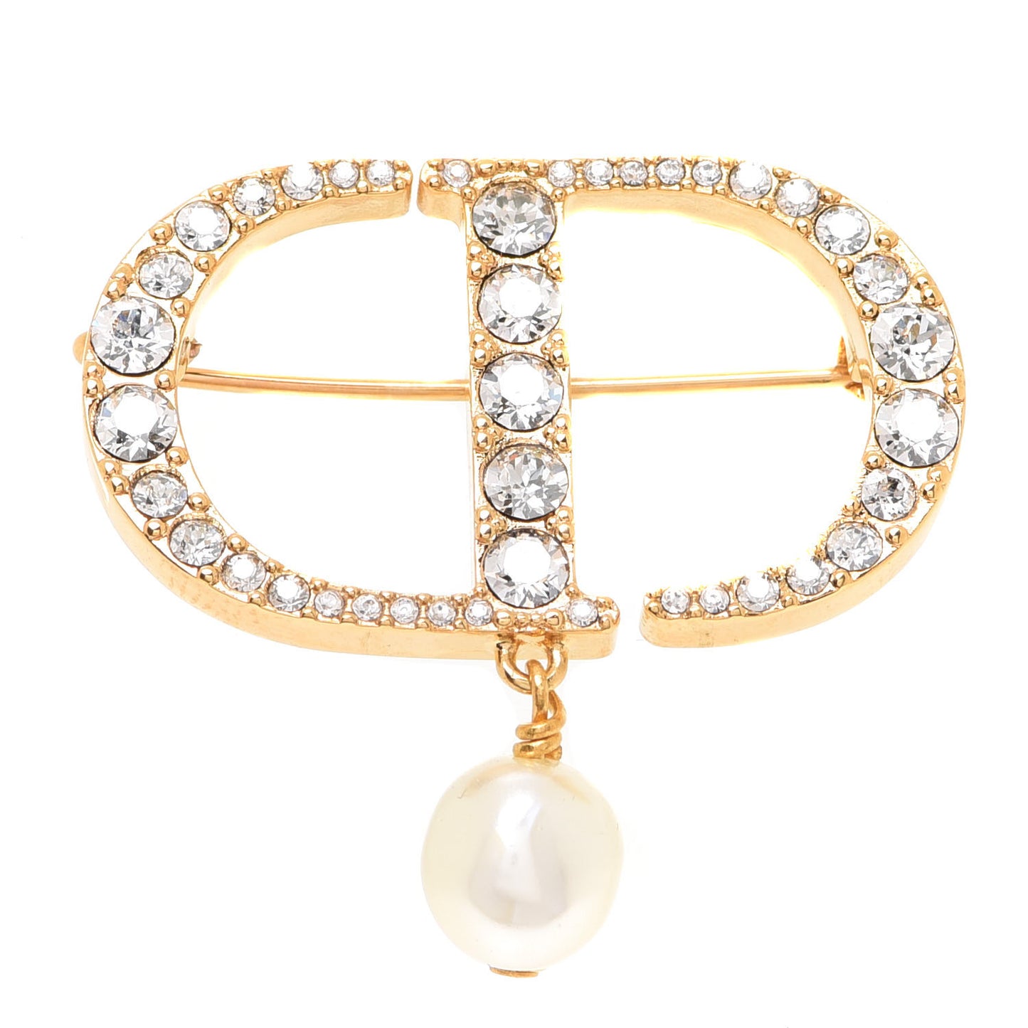 Crystal Pearl CD Logo Brooch Gold