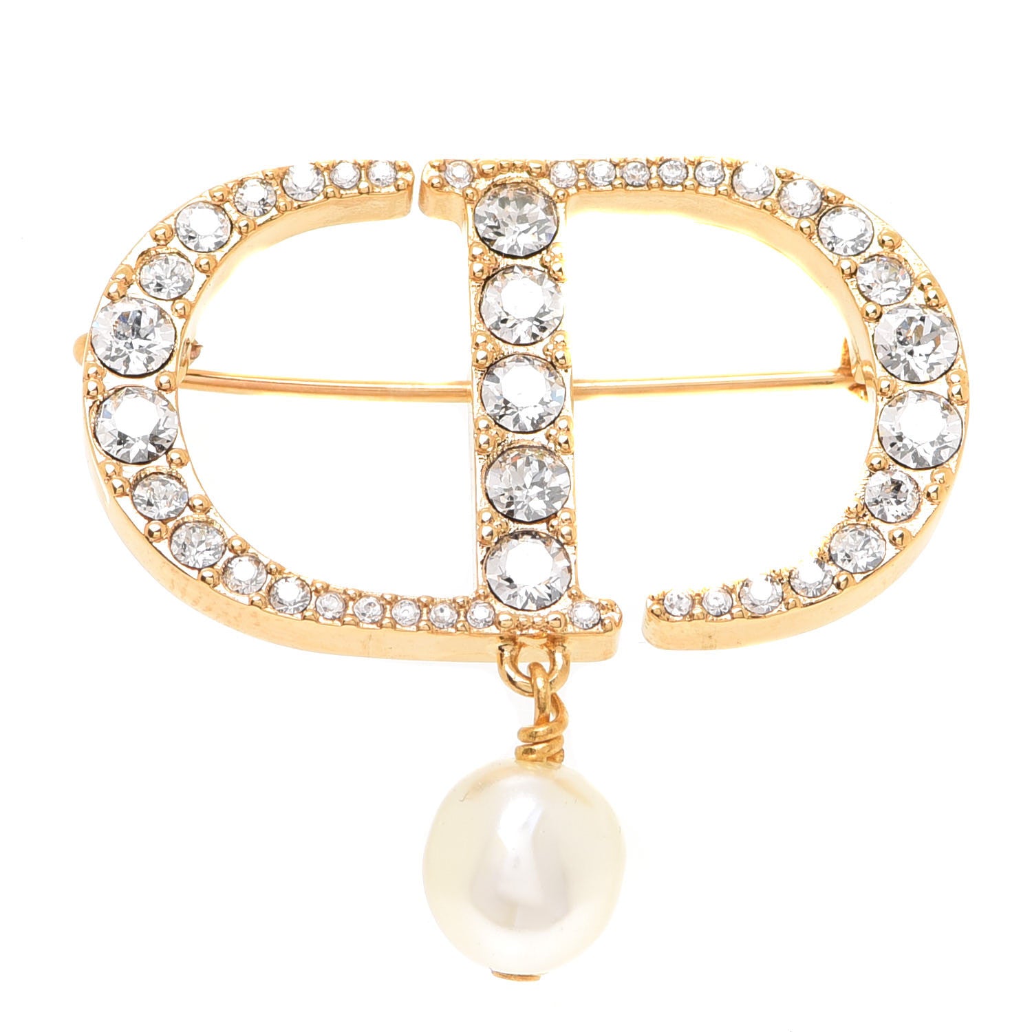 Christian Dior Crystal Pearl CD Logo Brooch Gold 1 of 5