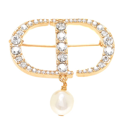 Christian Dior Crystal Pearl CD Logo Brooch Gold 1 of 5