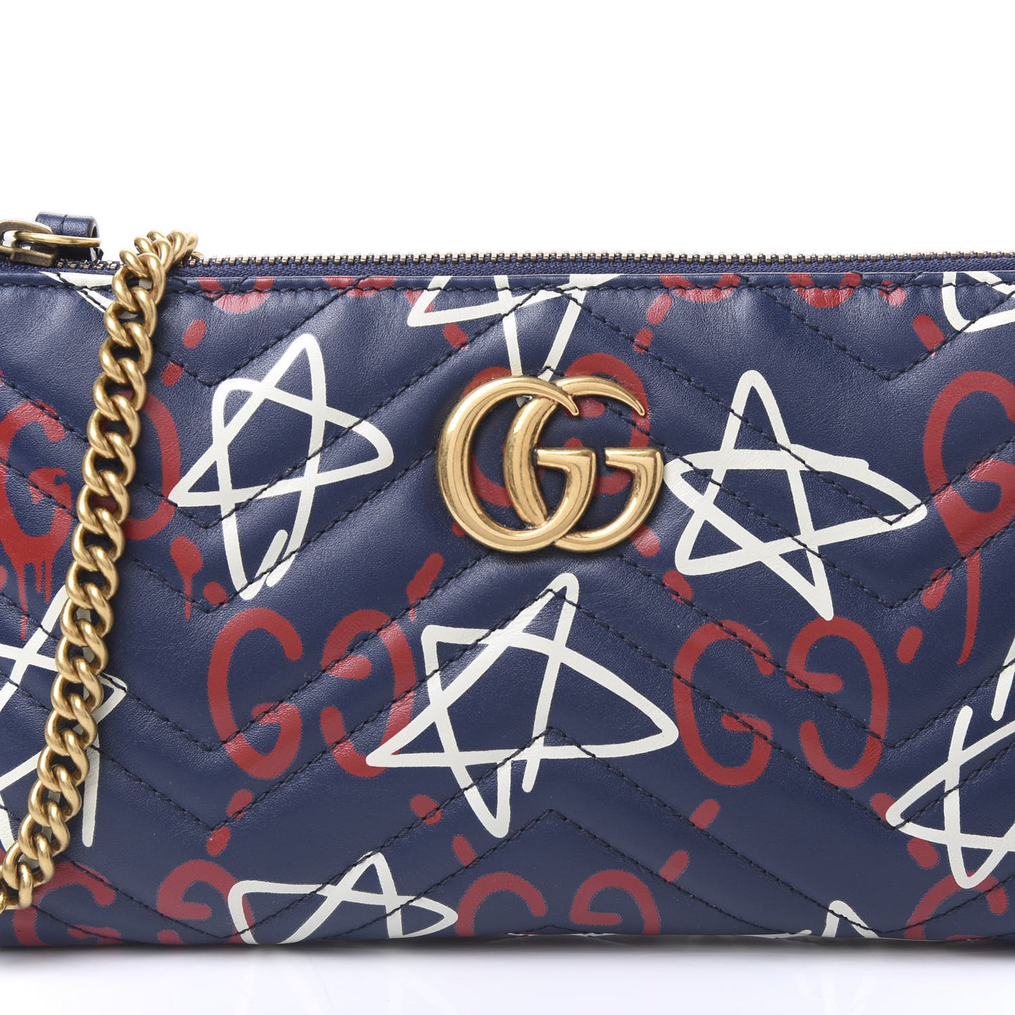 Calfskin Matelasse GucciGhost Mini GG Marmont Chain Bag Blue Agata Hibiscus Red