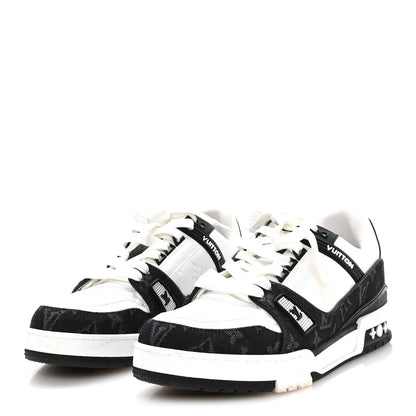 Louis Vuitton Calfskin Embossed Monogram Denim Mens LV Trainer Sneakers 9 Black 4 of 8
