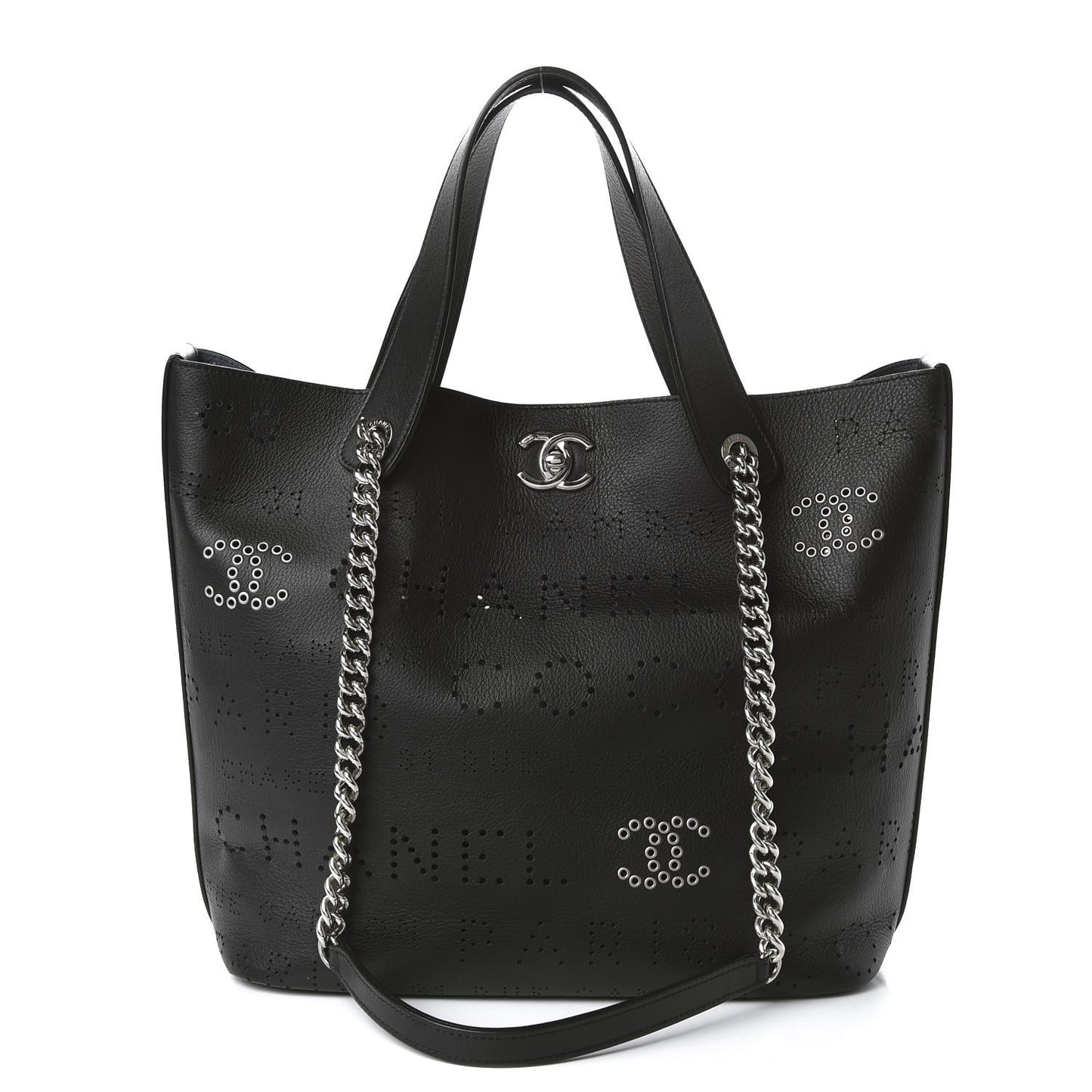 Calfskin Tweed Small Logo Eyelets Shopping Tote Black