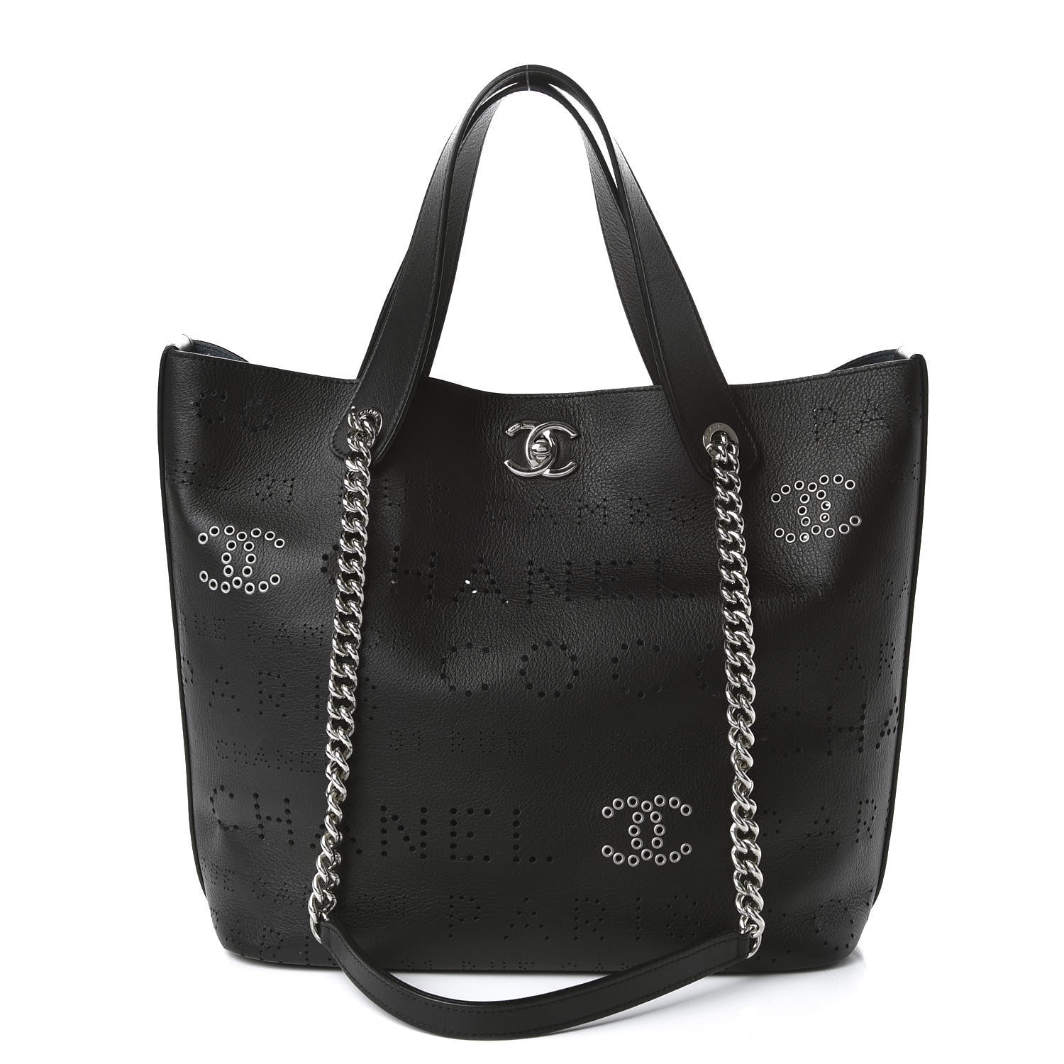 Chanel Calfskin Tweed Small Logo Eyelets Shopping Tote Black 4 of 12