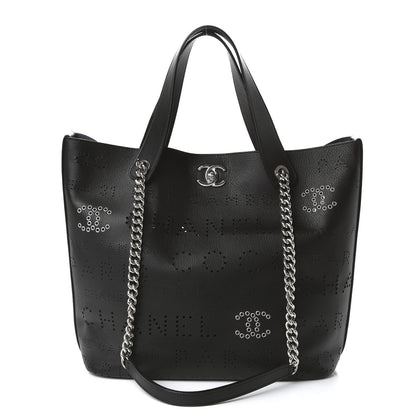 Chanel Calfskin Tweed Small Logo Eyelets Shopping Tote Black 4 of 12