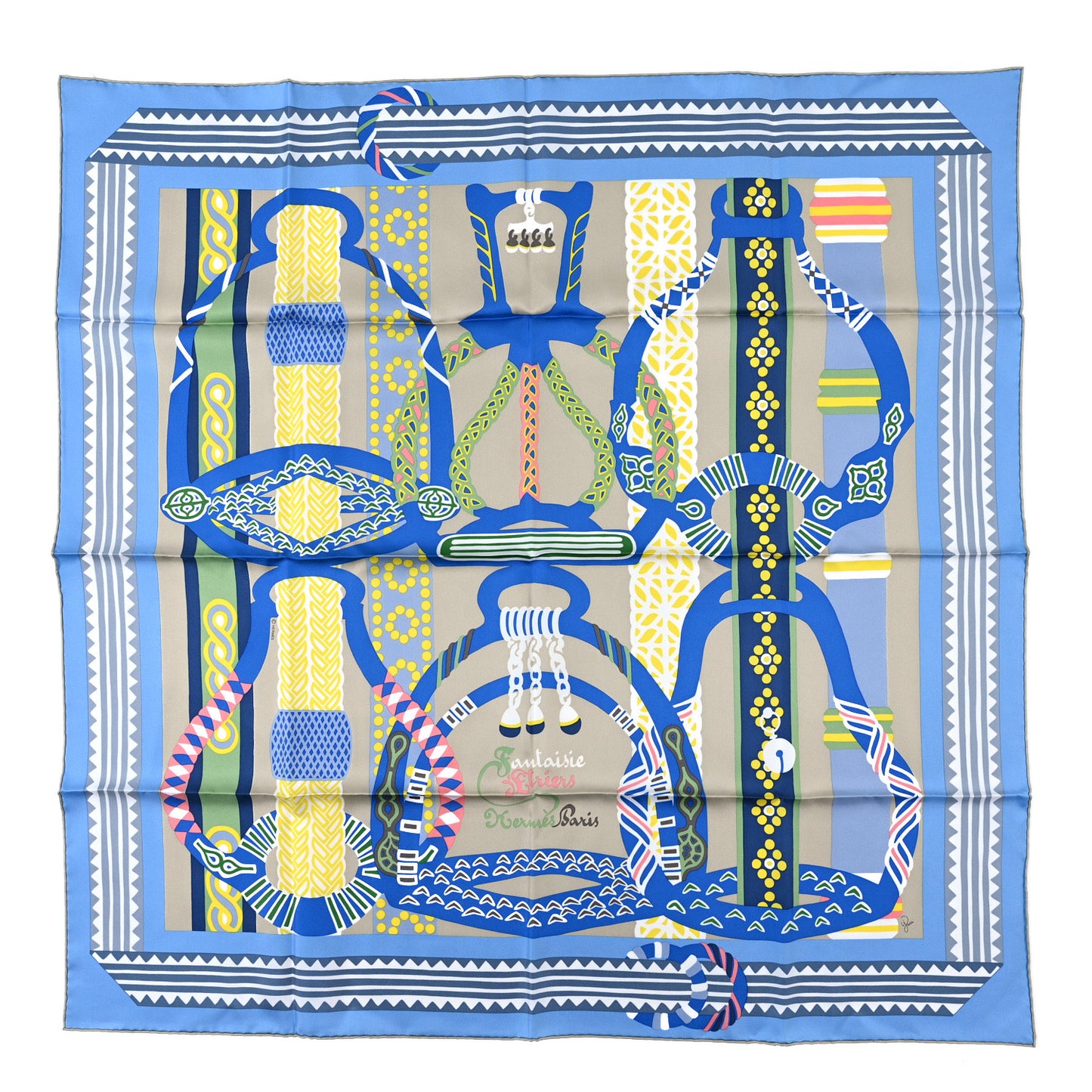 Silk Fantaisie D'etriers Scarf 90 Bleu Jaune Vert Amande