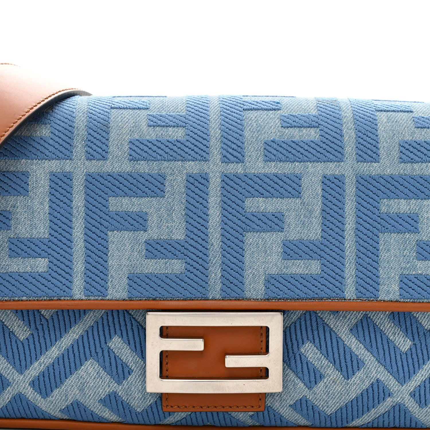 Fendi Denim Vitello King FF Embroidered Baguette Denim Chiaro Brandy 7 of 10