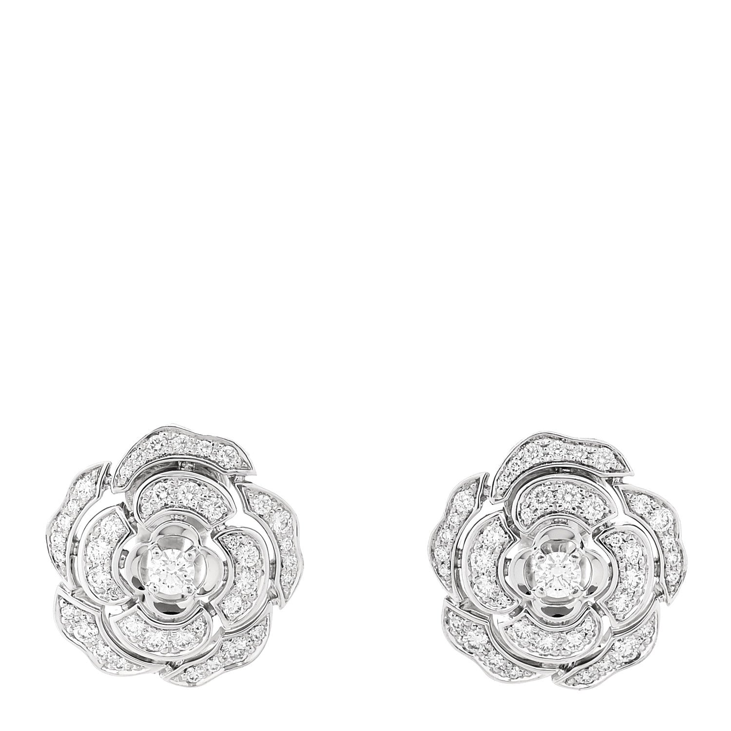 Chanel 18K White Gold Diamond Bouton de Camelia Earrings 1 of 4