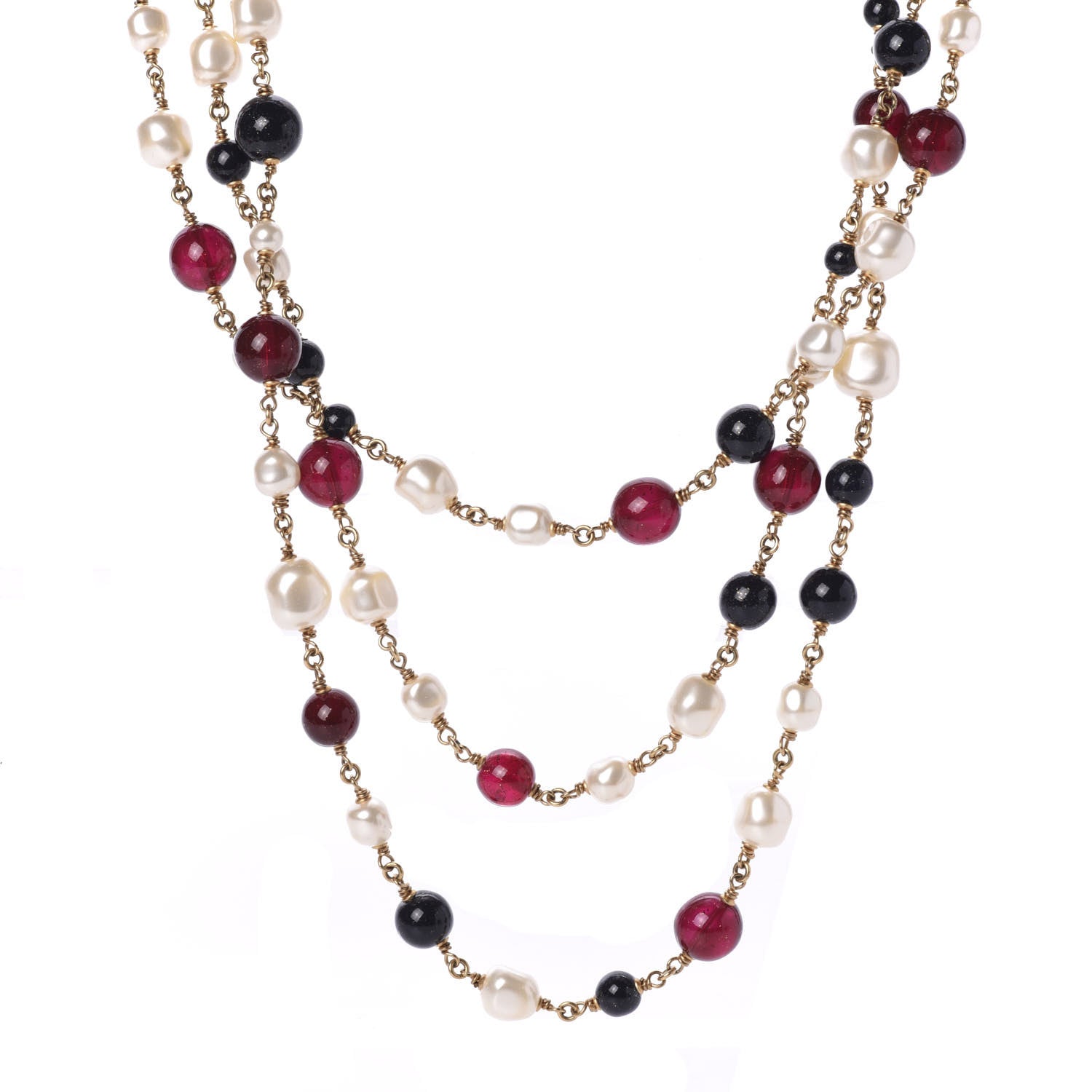 Chanel Pearl Bead CC Medallion Long Necklace Gold Red 1 of 6